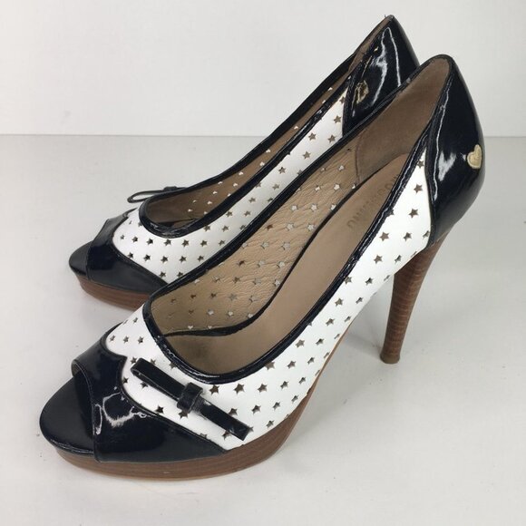 Moschino Black & White Open Toe Stars Heels Size 38  Pin Up Style - Picture 13 of 14